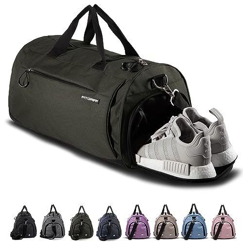 Fitgriff® Gym Bag V1 for Men & Women with Shoe & Wet Compartment - Duffle Bag for Travel, Sports, Fitness & Workout (Army Green, 19 x 10 x 10″ (Small))