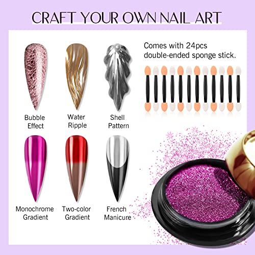 SAVILAND Chrome Nail Powder Set: 24 Colors Metallic Mirror Effect Iridescent Chrome Nail Powder for Gel Polish Holographic Chameleon Pigment Nail Art Decoration Glitter Dust Home Salon Manicure DIY