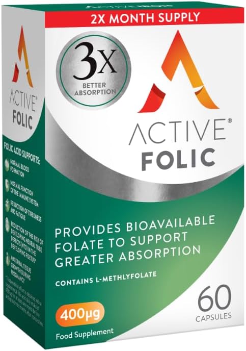 Active Folic, Folic Acid Supplement for Pregnancy, 60 Capsules, Fights Tiredness & Fatigue, 3X Better Absorption of L-Methylfolate, Vegan, Gluten Free & Sugar-Free, 2 Month Supply