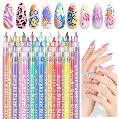 SAVILAND Essentials Nail Art Pens Set: 24 Colors Spring Summer 3D 0.7MM Quick Dry Nail Polish Pens for Nail Art Design Acrylic Paint Makers Drawing Point Liner Pen Dotting Tools Brush Home Salon DIY