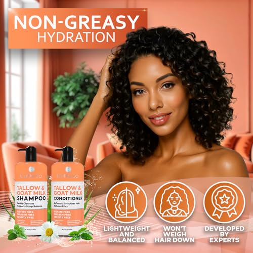Beef Tallow Shampoo and Conditioner Set with Goat Milk - Sulfate Free Moisture for Women and Men - For Dry, Itchy Scalp - Hydrating, Thickening, Volume Care for Thinning Hair - 16.9 Fl Oz (Pack of 2)