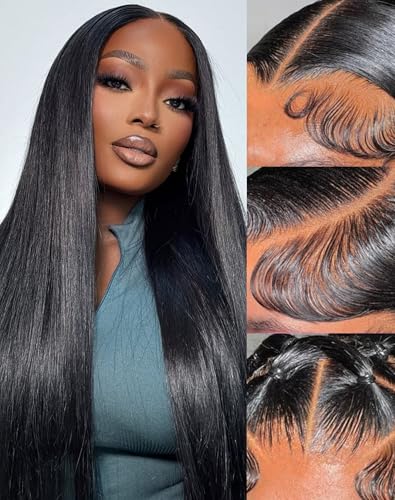 Amyes 30 Inch Straight Lace Front Wigs Human Hair 13x4 HD Lace Front Wig Pre Plucked 200 Density Glueless Wigs for Black Women Synthetic Mixed with Human Hair Wigs （Natural Black）