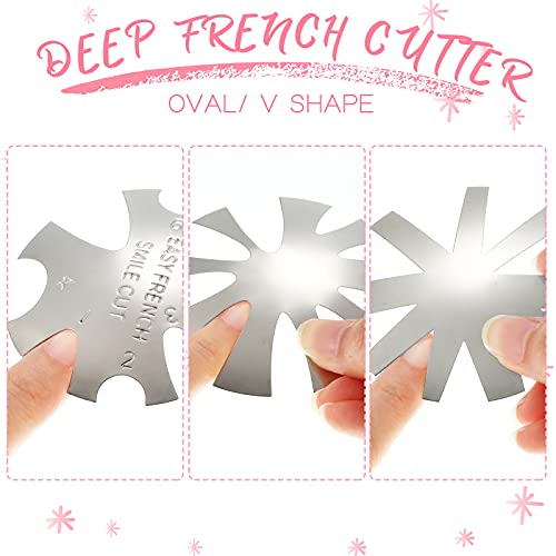 12 Pieces French Nail Trimmer Stainless Steel French Tip Cutters Smile Line Cutter Edge Manicure DIY Plate Module with 2 Handles Cutting Knife and 5 Spare Blade for Acrylic Nail(Silver)