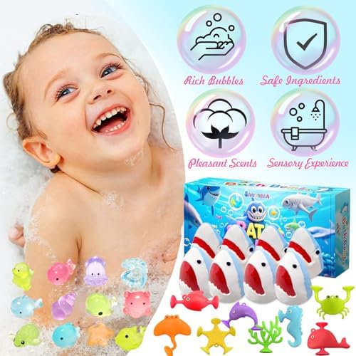 Shark Bath Bombs for Kids, 8 Surprise Bath Bombs with Sea Aninmals Inside & 4 Suction Cup Toys Outside, Natural Handmade Bubble Bath Ball Gift for Boys Girls Birthday Christmas