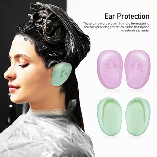 4 Pairs Silicone Ear Covers for Hair Dye, Shower, Swimming - Reusable Ear Protectors for Home and Salon Use (Purple and Green)