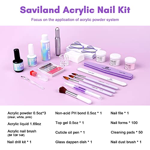 SAVILAND Acrylic Nail Kit with Drill: Professional 0.5Oz Clear/White/Pink Acrylic Powder and 50ml Liquid Set with Drill Nail Brush Forms Tool Extension Set for Beginners with Everything Home DIY Salon