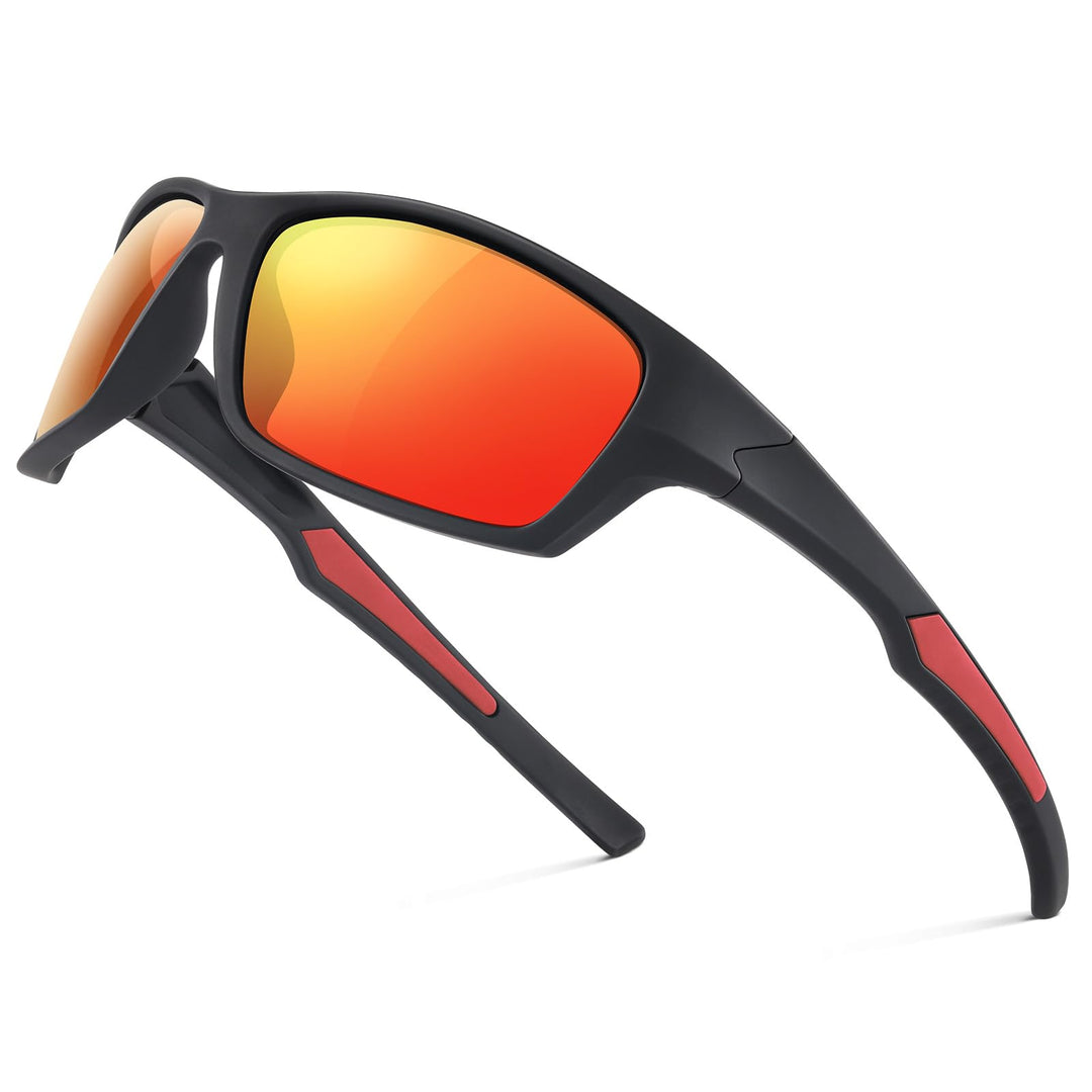 Fanshen Sports Polarized Sunglasses Men - Wrap Around Mens Sunglasses for Mens Womens Cycling Running UV Protection (Matte Black/Red)