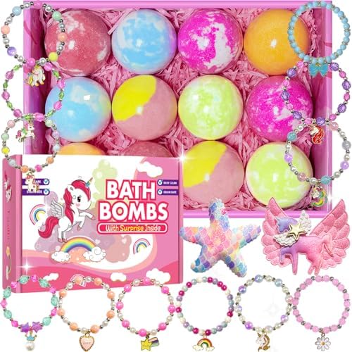 Bath Bombs for Kids Girls with Surprise Toys Inside, Unicorn Bath Bombs with Jewelry Toys Gifts for Girls 3 4 5 6 7 8 Years Old Birthday Christmas, Handmade Bubble Fizzies Bath Ball (Package May Vary)