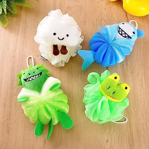 2 Pack Fun Bubble Bath Kid Loofahs, Cute Animal Loofah Bath Sponge, Shower Puffs Body Scrubber, Fun Bath Sponges - Shark and Dinosaur