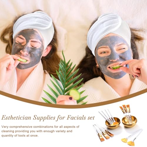 18 Pcs Esthetician Supplies for Facials Set 6 Gold Facial Bowls Esthetician 6 Facial Brushes Esthetician 6 Flat Brushes Face Mask Cosmetic Applicators for Women Facial Mask Mixing Kit Facial Tools