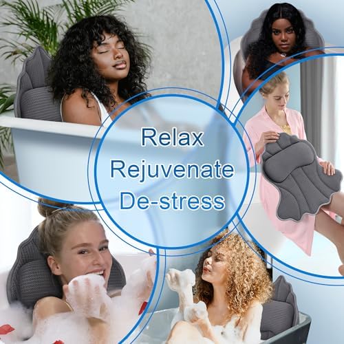 Bath Pillows for Tub, Luxury Bath Pillow Soft 4d Mesh, Bathtub Pillow with 6 Suction Cups, Ergonomic Bath Tub Pillows for Head and Neck, Bath Accessories for Women Relaxation Gifts (Grey)