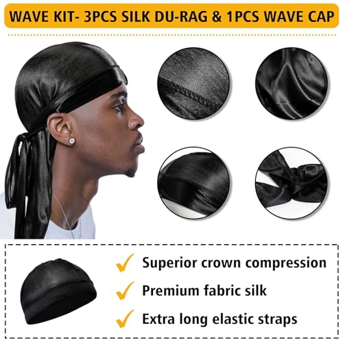 Wave Pomade for Men - Strong Hold, Easy Wash, Promotes Layered Waves, Moisture, Silky Shine, Hair Cream, Grease, Brush, Durag, Cap Set (Red)