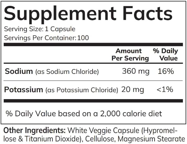 Electrolyte Supplement (No Iodine) – Muscle Cramp Prevention, Rapid Rehydration -100 Easy to Swallow Veggie Capsules