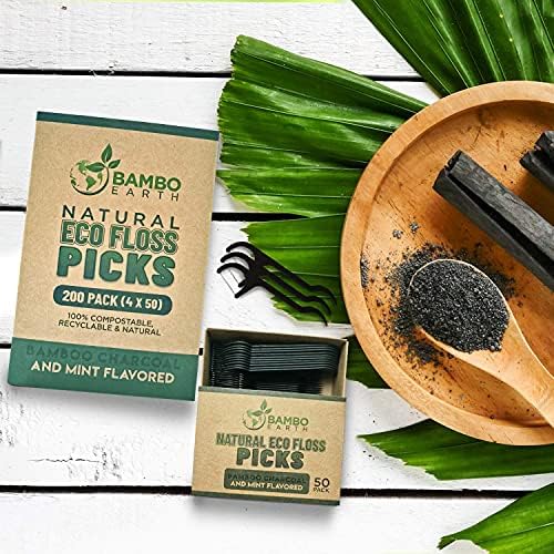 Natural Dental Floss Picks - Eco Friendly Cruelty Free & Vegan Tooth Flossers Pick Set with BPA Free Handle & Zero Waste Packaging - 200 Pack (Bamboo Charcoal Flavored)