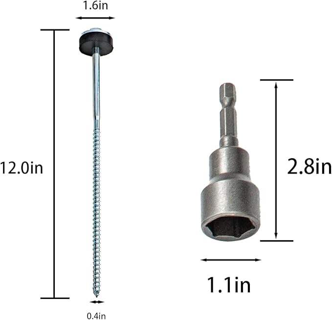 8 Pcs Drillable Tent Stakes 12" | Hex Pegs | Heavy Duty Metal Tent Anchors & Camping Spikes with 17MM Hex Drill Adapter and Storage Bag