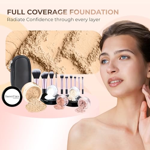 16pc STARTER KIT with 10 BRUSHES SET (WARM) Mineral Makeup Bare Face Loose Powder Includes Matte Foundation, Veil Primer, Blush, Bronzer, Translucent Finishing Setting Powder SPF 30 Travel Size