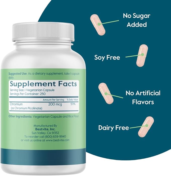 BESTVITE Chromium Picolinate 200mcg (250 Vegetarian Capsules) - No Stearates - No Dicalcium Phosphate - Vegan - Gluten Free - Non-GMO