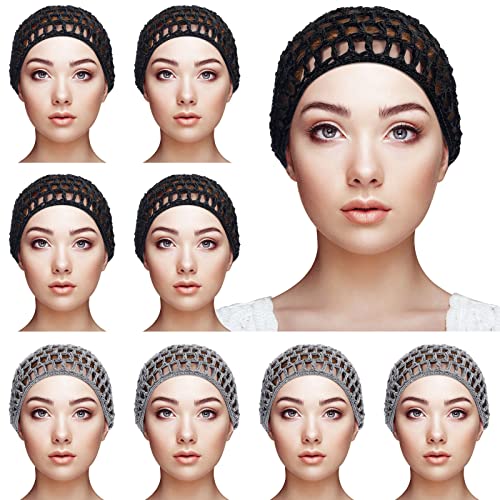 9 Pieces Mesh Crochet Hair Net Rayon Knit Snood Hat Thick Short Women Hairnet Snoods Cover Ornament for Sleeping (Black, Gray)