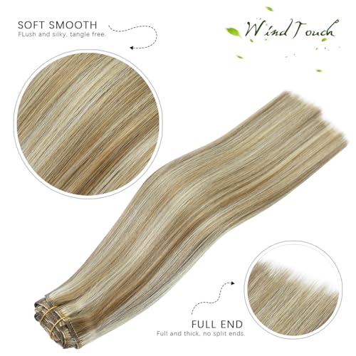WindTouch Clip in Hair Extensions Real Human Hair Balayage Mixed Bleach Blonde Hair Extensions 15Inch 75g 7PCS Highlights Straight Blonde Clip in Extensions for Women