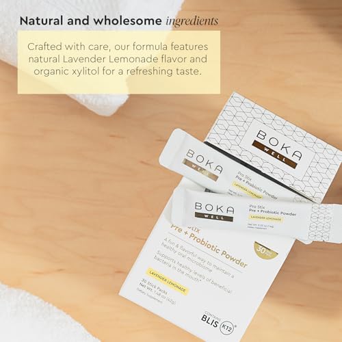 Boka Pro Stix Oral Probiotics for Mouth Bad Breath - 30ct Dental Probiotics Powder, Oral Health Pre + Probiotics for Teeth and Gums, BLIS K12 Oral Probiotic for Healthy Gum Health, Lemonade Lavender