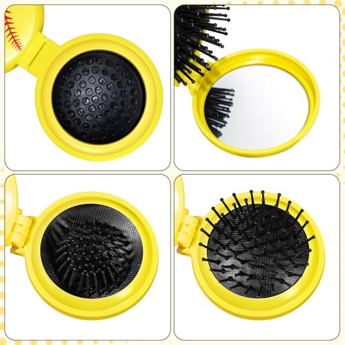 12 Pcs Softball Mini Detangler Brush, Folding Mirror Hair Brushes, Mini Travel Hair Brush, No Tangle Soft Flexible Bristles for Straight, Curly, Thick Hair for Softball Team Gift Sport Party