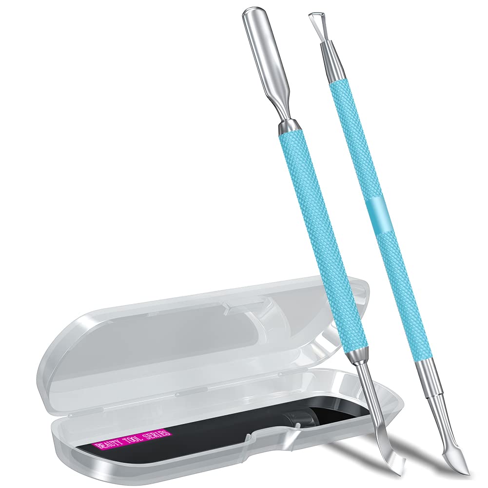 2Pcs Metalturquoise/Lake Blue Cuticle Pusher And Cutter Remover Salon Quality Stainless Steel Gel Nail Polish Peeler Scraper Dur
