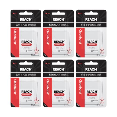 REACH Waxed Dental Floss, Cinnamon, Plaque Remover for Teeth, Shred Resistant, Floss Slides Smoothly, Easy to Use, Waxed, Deep Cleaning Teeth, Oral Care, PFAS Free, for Adults & Kids, 6 Pack, 55 yd