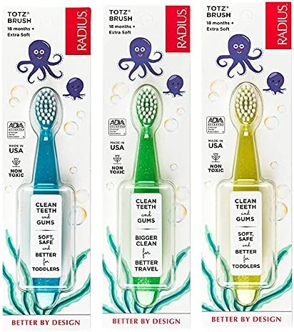 RADIUS Children's Toothbrush, Totz Brush, Extra Soft Bristles, Blue/Green/Yellow, BPA Free & ADA Accepted, Designed for Delicate Teeth & Gums for Children 18 Months & Up, Pack of 3