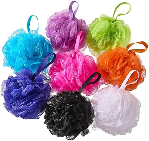Bath Loofah Sponge Collection (8-Pack), Bath Shower Loofah Sponges - Mesh Pouf Shower Body Scrubber Exfoliators ((Orange, Purple, Black, White, Green, Pink, Blue, Purple))
