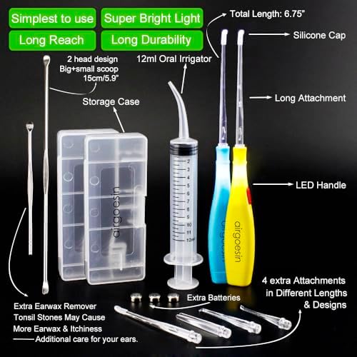 Airgoesin™ Upgraded Tonsil Stone Remover Tool, Blue & Yellow, 5 Tips, Tonsillolith Pick Case + 1 Irrigator Fresh Breath Oral Rinse