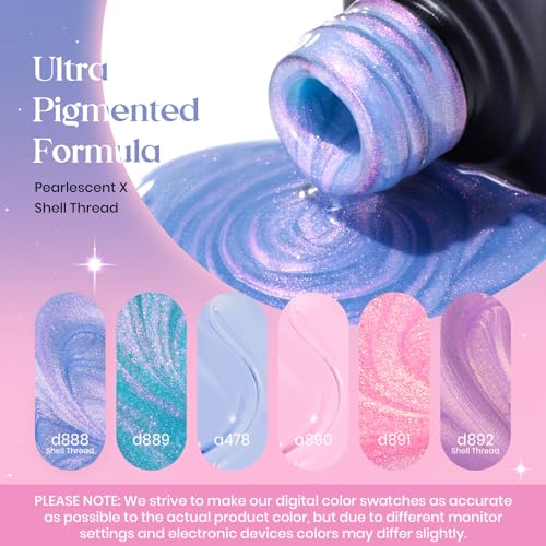 Beetles Blue Pink Gel Nail Polish Set, 6 Colors Pearl Gel Polish Baby Blue Shimmer Baby Pink Purple Mermaid, Nail Drawing Soak Off Uv Led Swirl Gel Polish Shell Thread Gift for Women
