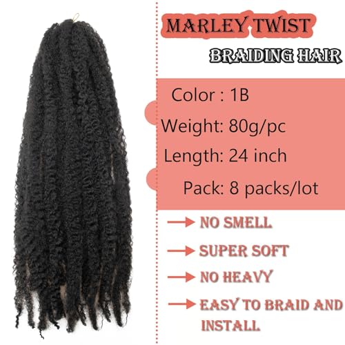 8 Packs Marley Twist Braiding Hair 24 Inches MarleyTwist Hair Long Cuban Twist Hair Marley Afro Kinky Curly Twist Faux Locs Crochet Hair Synthetic Marley Hair Extensions