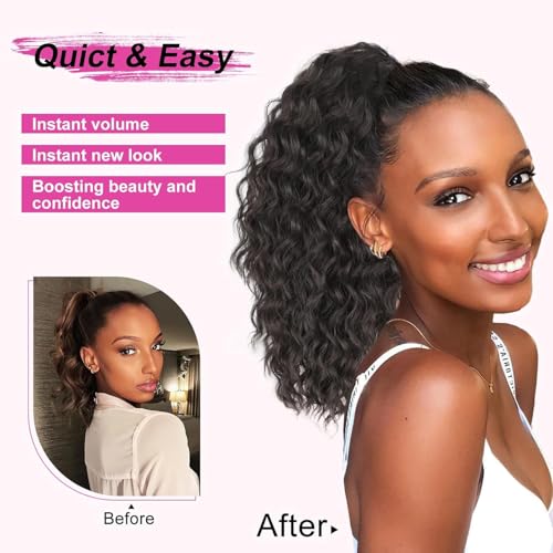 AISI BEAUTY Black Ponytail Extension 14 Inch Curly Drawstring Ponytail for Women Clip in Fake Ponytail Synthetic Curly Pony Tails Hair Extensions(Black)
