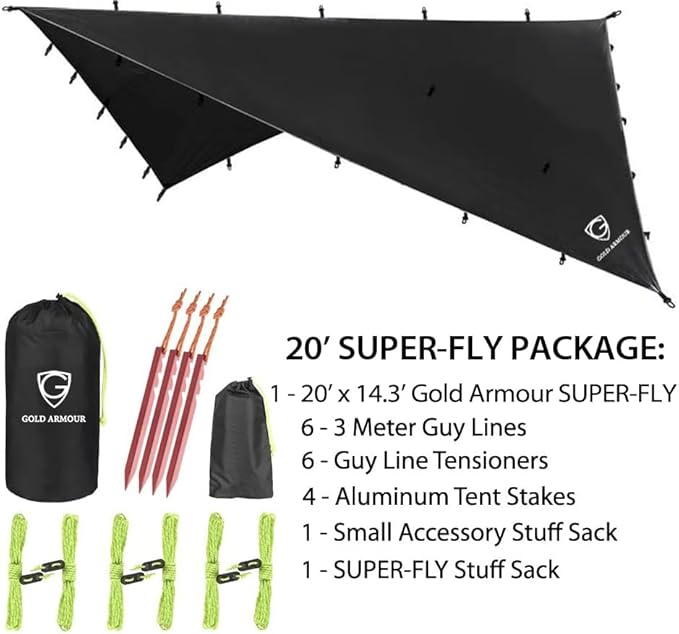 Gold Armour Rainfly Tarp Hammock, Premium 20ft x 14.3ft Rain Fly Cover, Waterproof Ultralight Camping Shelter Canopy, Must Have Camping Accessories Camping Essential (Black)