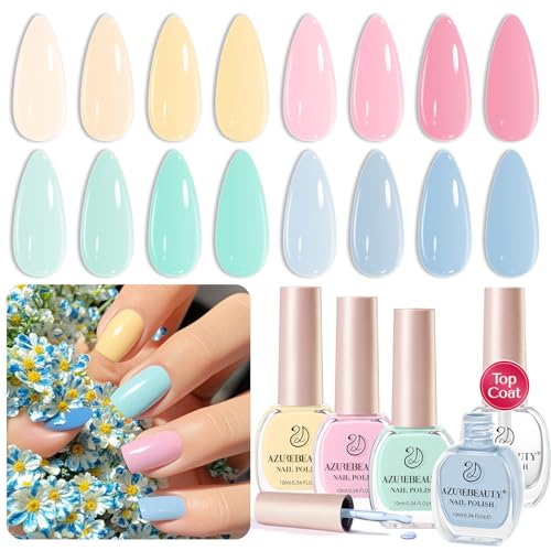 AZUREBEAUTY Nail Polish Set, 4 Colors Pastel Spring Macarons Pink Blue Green Yellow Quick Dry Natural Easter Gift Fingernail Lacquer Strengthening Kit with Top Coat DIY Salon at Home