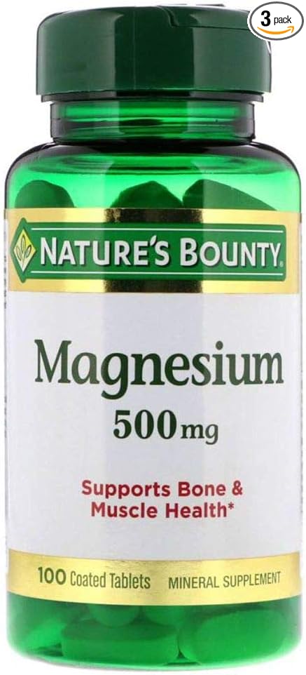Nature's Bounty Magnesium, 500 mg Coated Tablets, Mineral Supplement, Supports Bone and Muscle Health, Gluten Free, Vegetarian, 100 Count (Pack of 3)