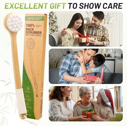 Back Brush for Shower, 17.32'' Long Handle Soft Bristles for Sensitive Skin, Effective for Cleansing, Non Slip Grip, Wall Mounted Dry Quickly, Exfoliation Body Scrubber for Men/Women/Elderly