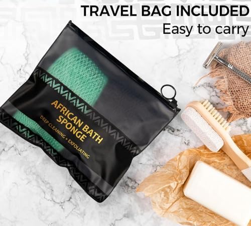 African Exfoliating Net Sponge Black - 2 Pieces Real African Loofah Shower Sponges - Body Scrubber Exfoliating Washcloth Black & Seawave - Africa Bath Sponges for Back Scrubber Shower Accessories