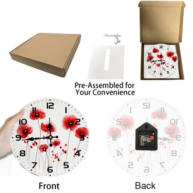 Geroclonup Home Decor Red Flower Wall Clock Hello Spring 25cm Round Wall Clocks Battery Operated Silent Shabby Chic Wall Decor Home Decor for Living Room Kitchen Bedroom Office
