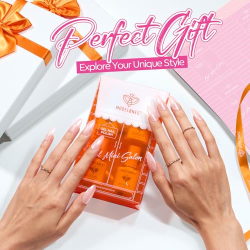 modelones Gel Nail Polish Kit French Jelly Pink White Sheer Nude Gel Polish Set with French Tip Stamp Tool & Silver Gold Stickers, 4 Colors Gel Mini Salon Home DIY Trend Manicure Gift for Women