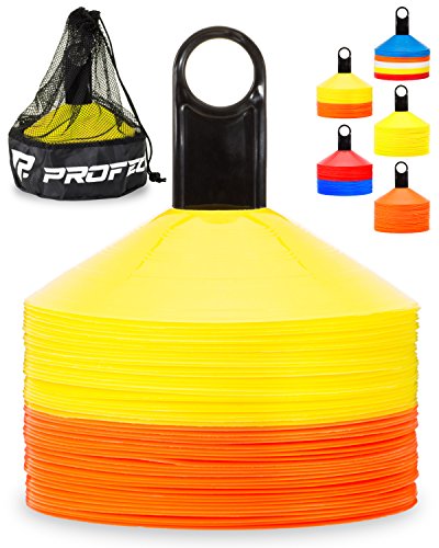 Pro Disc Cones (Set of 50) - Agility Soccer Cones with Carry Bag and Holder for Sports Training, Football, Basketball, Coaching, Practice Equipment, Kids - Includes 15 Drills Book (Orange and Yellow)