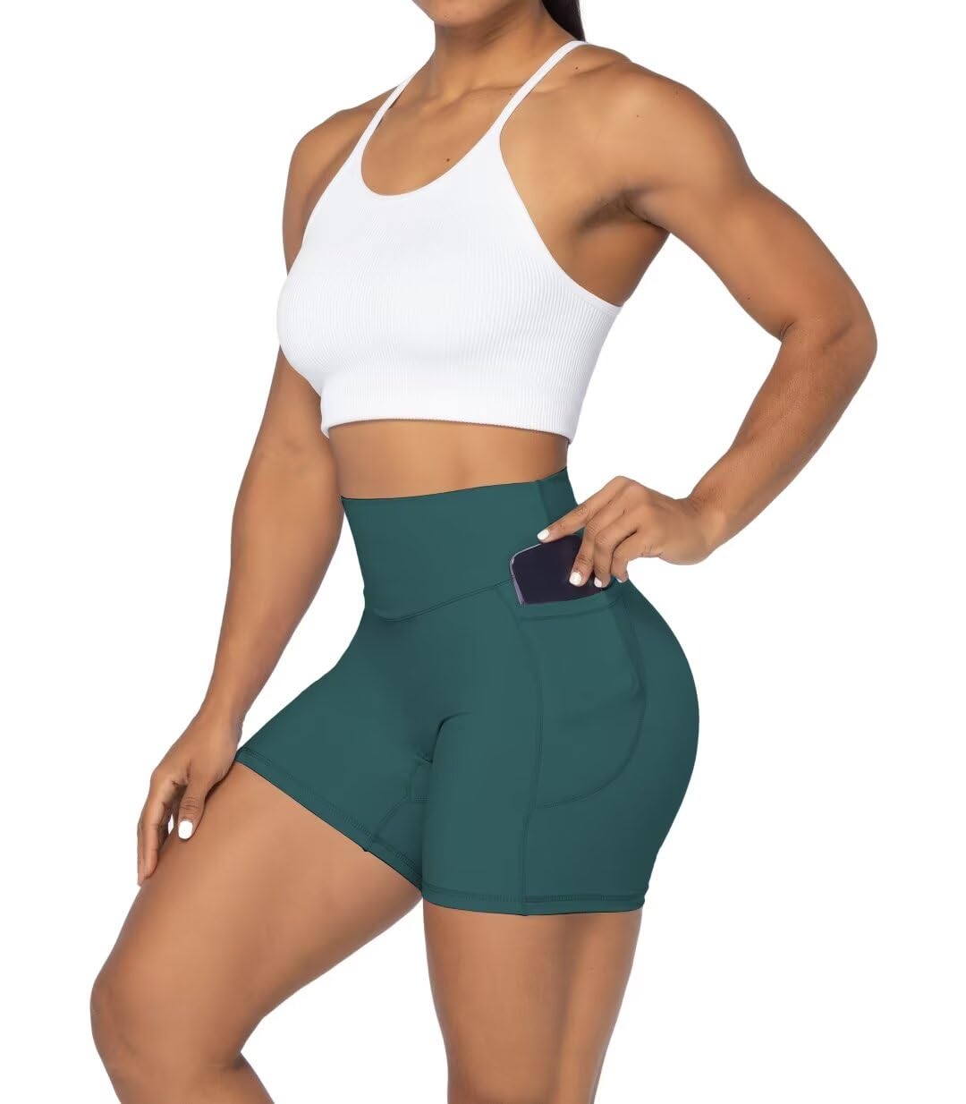 Sunzel Women's Biker Shorts in High Waist Tummy Control with Deep Pockets 5" Inseam Forest Green X-Small