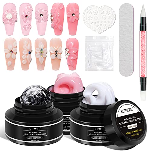 Solid Builder Gel for 3D Nail Art Extension Gel Non Stick Hand Sculpture Hard Gels with Dual Form Flower Strengthen for Home DIY Nails Salon Lamp Cure Require 30g(1oz)