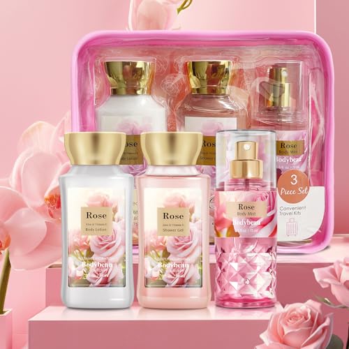 Portable Bath and Body Care Travel Set for Women & Girls, Rose 3PCS Set - Shower Gel, Body Lotion, Body Mist, Personal Body Care Gift Set for Birthday Mother's Valentine's Day Gifts for Her