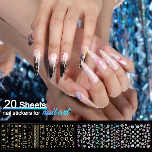 Teenitor Nail Charms Nail Stickers for Nail Art Kit, 8 Boxes Nail Rhinestones Nail Gems Pearls for Nails with 20 Sheets Nail Art Stickers, 3D Gold Nail Charms and Gems Nail Supplies Nail Art Tools