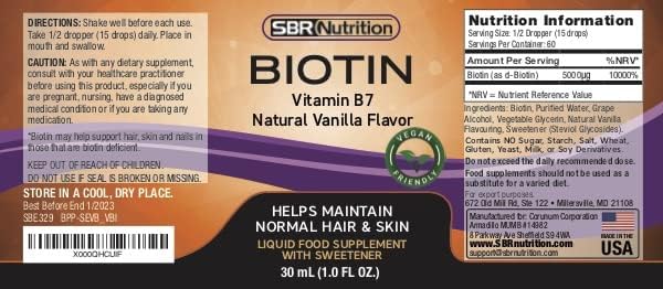 SBR Nutrition Biotin Liquid Drops, 5000mcg per Serving (60) 1.0Fl.oz (30ml) Vanilla