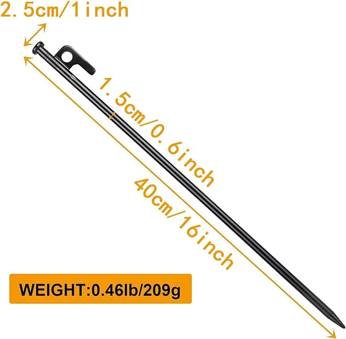 12 Pcs 16 Inch Tent Stakes Heavy Duty Metal Tent Pegs，Camping Steel Tent Stakes for Unbreakable and Inflexible Camping Backyard Rocky Ground