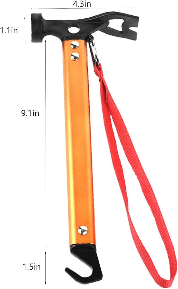 Carbon Steel Aluminum Camping Hammer, 12" Small Lightweight Three-in-One Functional Tent Stake Hammer for Hiking Kit Orange
