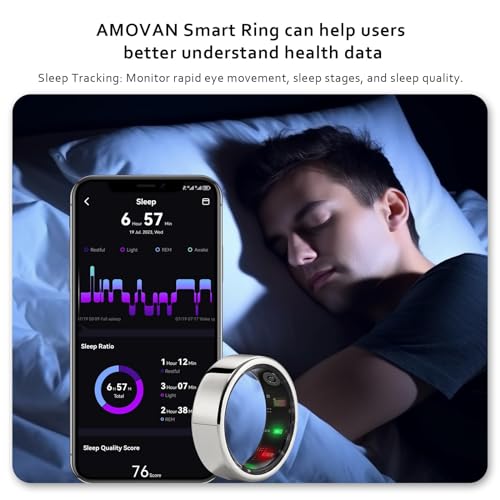 AMOVAN Smart Ring Health Tracker, Fitness Sleep Heart Rate Blood Oxygen Tracker Smart Ring, Water Resistant Bluetooth Fitness Tracker Rings