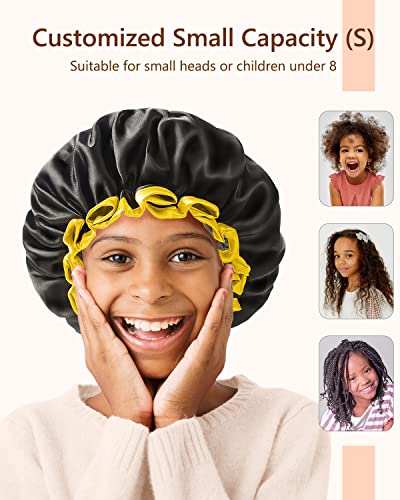mikimini Small Black Shower Caps for Child 2 Packs, Double Layers Waterproof Bathing Hair Cap with Reusable Soft Comfortable PEVA Lining, Cute, Non-fading & Stretchy Shower Hat